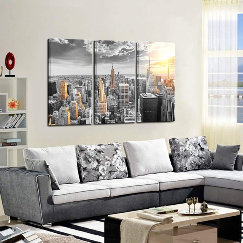 LevvArts Large 3 Piece New York City Canvas Wall Art Modern Black and White NYC at Gold Sunset Picture Prints Cityscape Skyline Poster Framed for Home Office Living Room Decor - Image 4